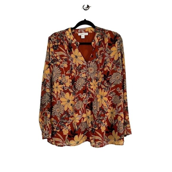 Coldwater Creek Top Women M Orange Floral Mature Boho Western Classic Retro 80s - Picture 1 of 13